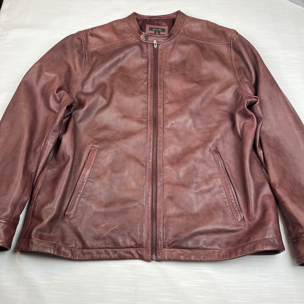 Tasso Elba Men Genuine Leather burgundy jacket grandpacore old money moto cafeXL